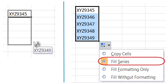 Auto-fill default set to 'Fill Series' for alpha numeric text